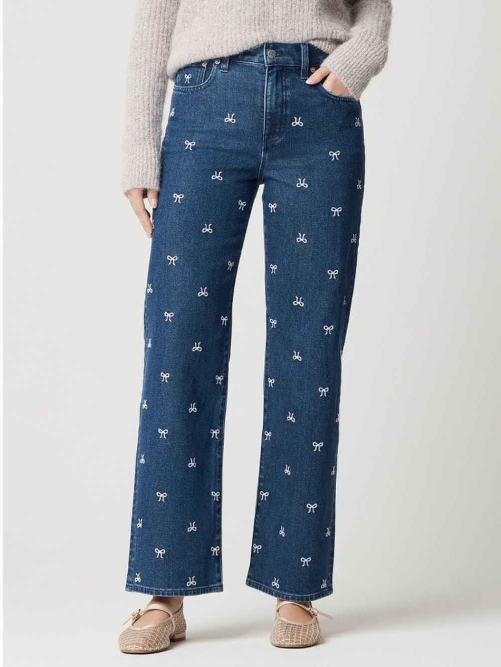 JCrew White Bow-Embroidered Slim Wide-Leg Jean